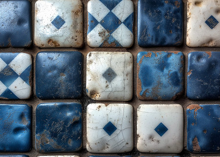 Old broken ceramic tile with blue and white pattern. Abstract background.の素材