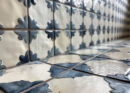 Ceramic tiles with blue and white pattern, Lisbon, Portugalの素材