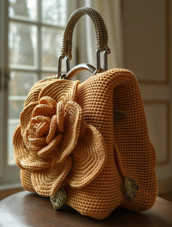 A mini handbag shaped like an oversized rose, made of knitted fabric in light brown color with the handle attached to its center and its shape resembling that of roses.の素材