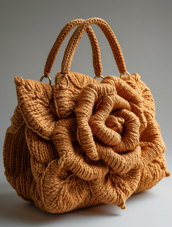 A mini handbag shaped like an oversized rose, made of knitted fabric in light brown color with the handle attached to its center and its shape resembling that of roses.の素材