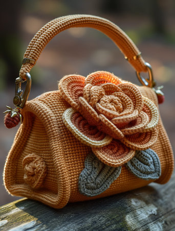 Fashionable handbag made of natural wool yarn with a flower.の素材