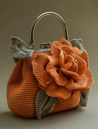 A mini handbag shaped like an oversized rose, made of knitted fabric in light brown color with the handle attached to its center and its shape resembling that of roses.の素材