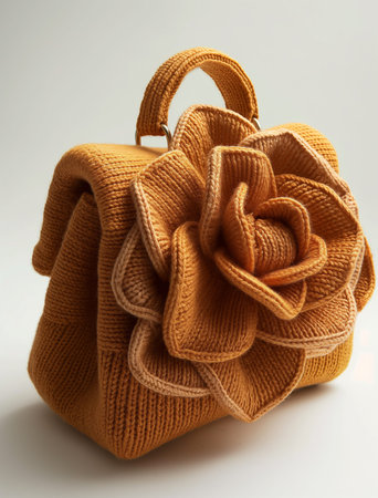 A mini handbag shaped like an oversized rose, made of knitted fabric in light brown color with the handle attached to its center and its shape resembling that of roses.の素材