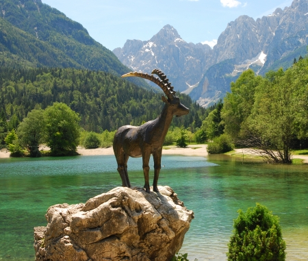 Chamois goat statue at Jasna Lake in Sloveniaの写真素材