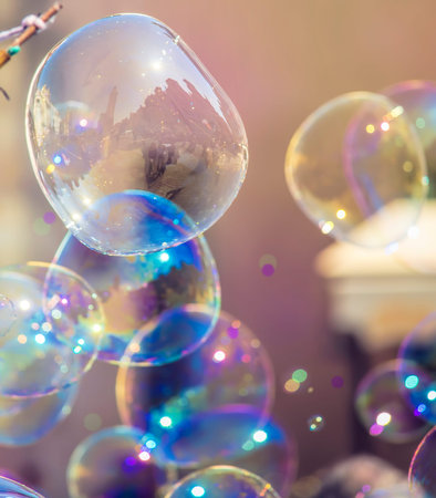 Closeup image of big colorful soap bubbles