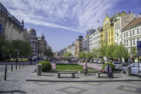 Prague, Czech republic - April 22, 2015. Wenceslas square in Prague on a sunny spring afternoon. Prague is a popular tourist destination in Europe.のeditorial素材
