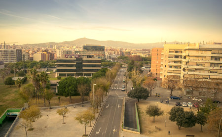 Barcelona, Spain - December 29, 2015. Barcelona aerial view during sunset. Barcelona is a popular tourist destination and one  of the best known cities of Spain.のeditorial素材
