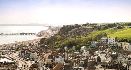 Hastings, England - May 8, 2016. Aerial view of the seaside city of Hastings in England, United Kingdom. Hastings is a well known and popular tourist destination.のeditorial素材