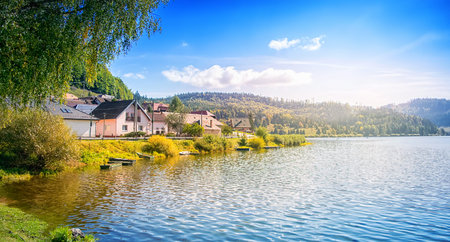 Village near a lake