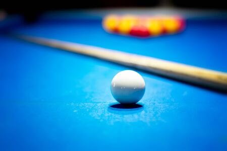 Snooker table set up with the white ball in the foregroundの写真素材