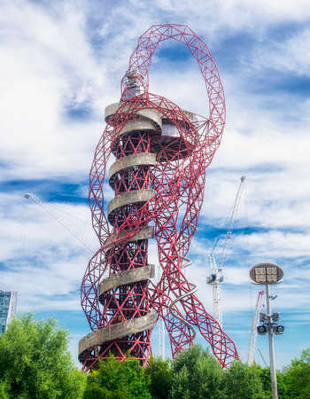 LONDON, UK - JUNE 2, 2020 : The ArcelorMittal Orbit in Stratford  Park, London. The sculpture is 114.5 meters high and is created by Anish Kapoor and Cecil Balmond.のeditorial素材