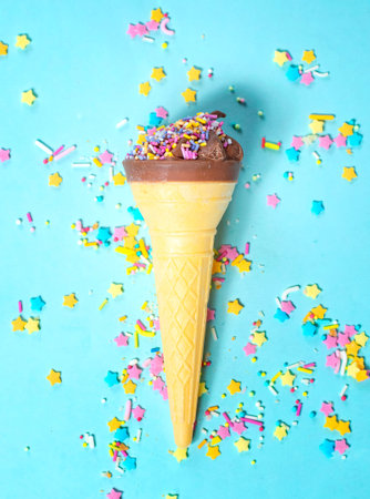 Chocolate ice cream with sprinkles on a blue background.