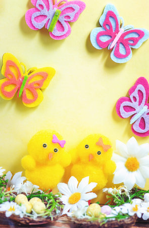 Cute Easte theme. Spring Easter chicks with Easter eggs.