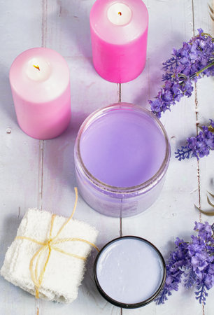 Lavender beauty products on a wooden tableの写真素材