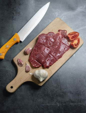 Pieces of raw beef steak on a chopping board
