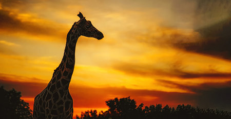 African giraffe towering in the savannah sunsetの写真素材