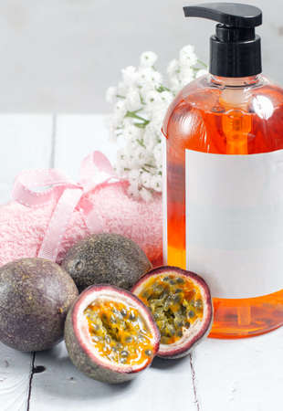 Passion fruit hand soap with copy space.の写真素材