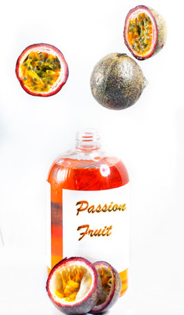 Open bottle of organic passion fruit shower gelの写真素材