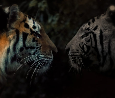 Two tigers facing each other.