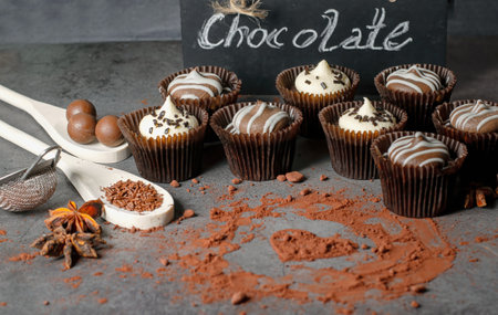 Little white and milk chocolate cupcakes on a dark tableの写真素材