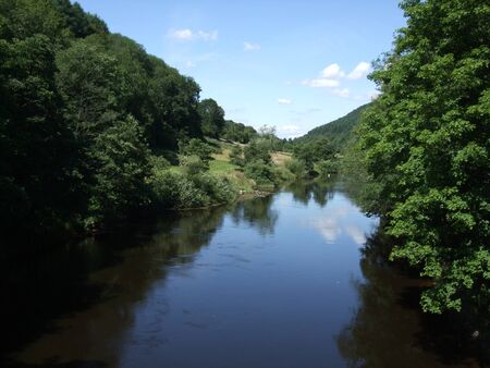 View from bridge over the River Wye, Wales, UKの写真素材