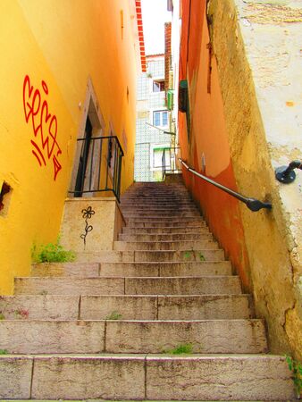 Steep passageway in Lisbon, Portugalの写真素材