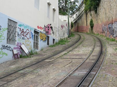 Funicular tracks up a hill in Lisbon, Portugalの写真素材