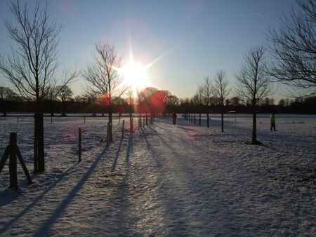 Sunset over a park covered in snow in Cardiff UK.の写真素材