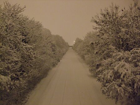 Railway line covered in snow on a moonlit nightの写真素材