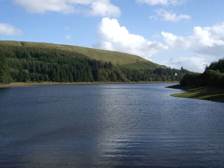 Reservoir lake in the Brecon hills, Wales, UKの写真素材