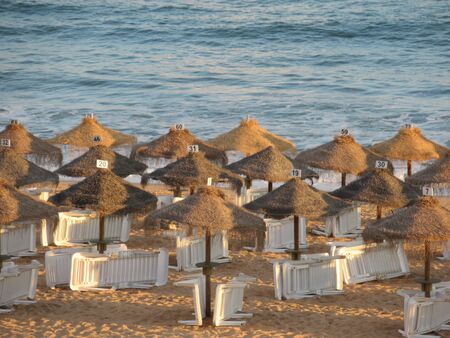 Straw parasols at sunset, Faro, Algarve, Portugalの写真素材