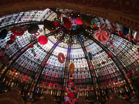 Ceiling glass dome in a Paris department store with Christmas decorationsのeditorial素材