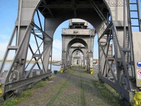 Old cranes in Antwerp Port, Belgiumの写真素材