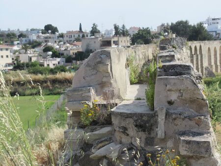 Close-up of the top of the Kamares Aqueduct in Larnaca, Cyprusの写真素材