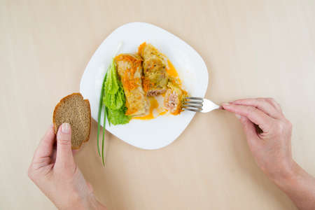 Cabbage rolls on a white plate  Dinner timeの写真素材