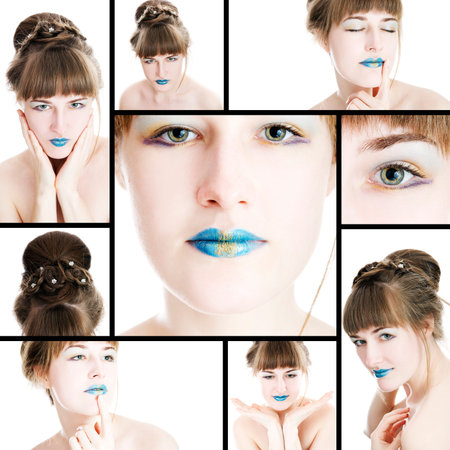 Portrait of  beautiful girl isolated on white background. Collageの写真素材