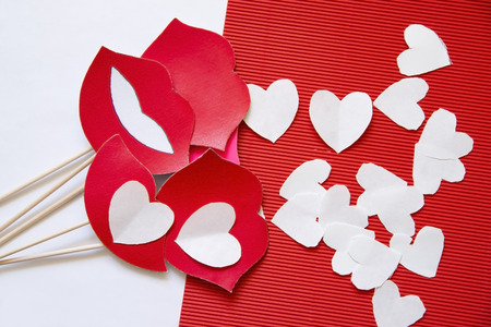 Hearts made ââof paper on red cardboard. Background   for Valentine's day.の写真素材