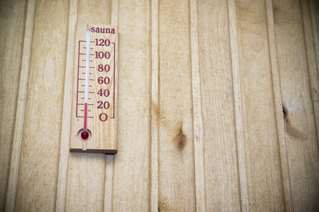 Thermometer on wall of sauna, bath accessories.の写真素材