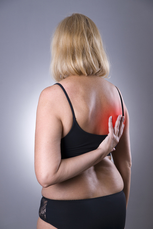 Back pain, massage of female body, ache in woman's body on gray backgroundの写真素材
