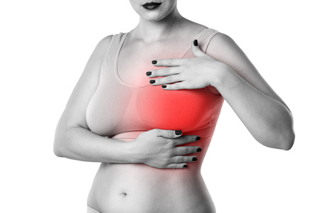 Breast test, woman examining her breasts for cancer, heart attack, pain in human body isolated on white backgroundの写真素材