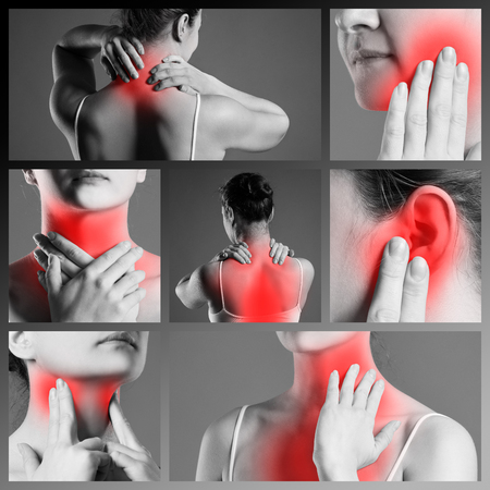 Pain in different woman's body parts, chronic diseases of the female body, collage of several photos, painful area highlighted in redの写真素材