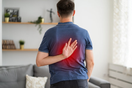 Pain between the shoulder blades, man suffering from backache at home, painful area highlighted in...