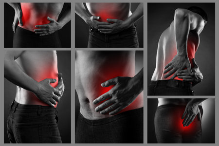 Stomach ache, man with abdominal pain on black background, collage of several photos, painful area highlighted in redの写真素材
