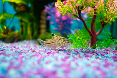 Corydoras trilineatus julii fish in a home aquarium, callichthyidae catfish close-up