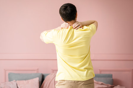 Neck pain, man suffering from ache at home on pink background, health problems conceptの写真素材