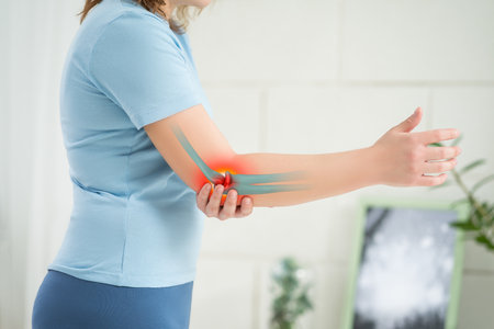 Diseases of the elbow joint, bone fracture and inflammation, woman suffering from pain in cubit, painful area highlighted in redの写真素材