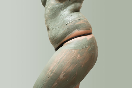 Mud spa procedure, woman applying cosmetic clay body mask, anti cellulite skincare concept, on green backgroundの写真素材