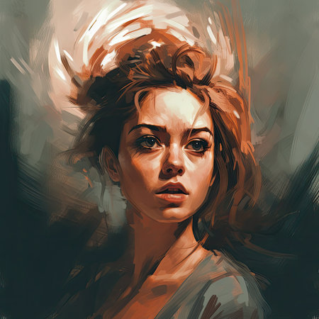 Portrait of a beautiful young red-haired woman, creative illustration in the style of painting, AI Generatedの素材