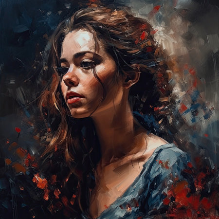 Portrait of a beautiful young brunette woman, creative illustration in the style of painting, AI Generatedの素材