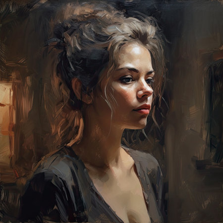 Portrait of a beautiful young brunette woman, creative illustration in the style of painting, AI Generatedの素材